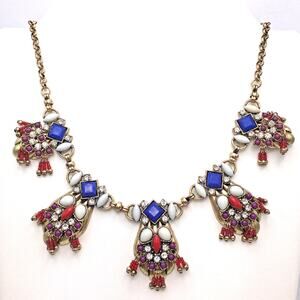 Ruff-Skch Blue White Red Purple Ornate Owl Face Bib Statement Necklace